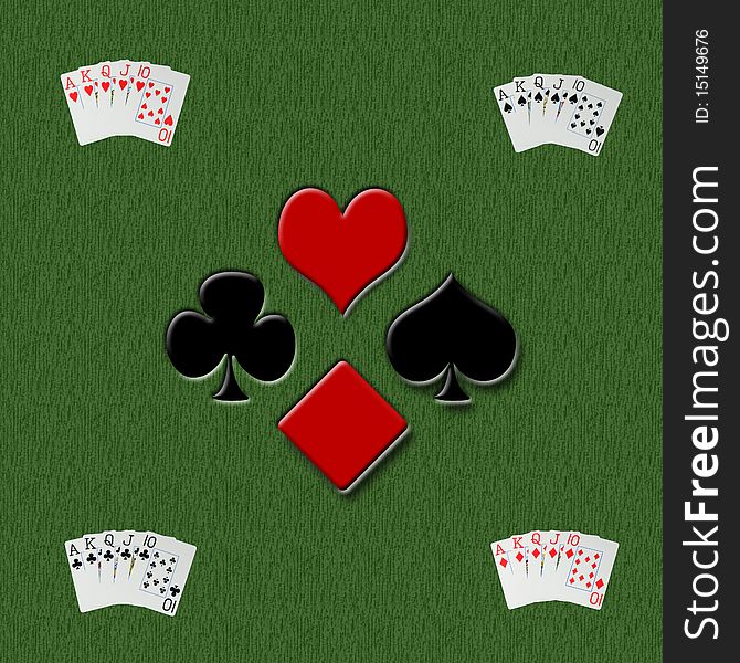 Poker table setting showing Royal flush with all four suites