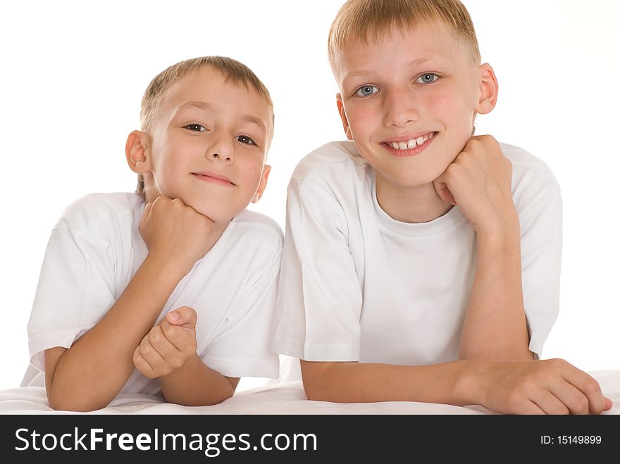 Happy father and son on a white