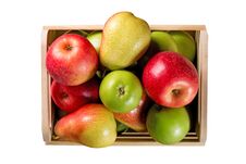 Ripe Apples And Pears In A Wooden Box Isolated On White Background. Autumn Seasonal Image With Top View Royalty Free Stock Photography Ripe Apples And Pears In A Wooden Box Isolated On White Background. Autumn Seasonal Image With Top View Royalty Free Stock Photography
