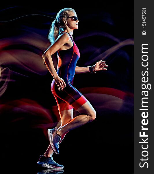 Woman triathlon triathlete runner running joogger jogging isolated black background