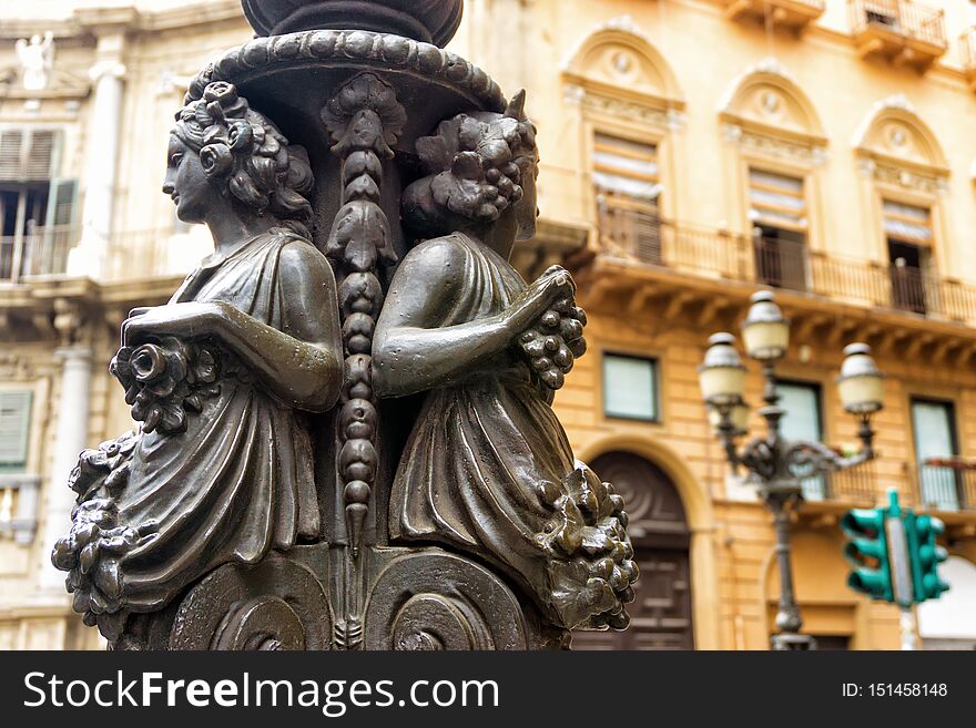 Sculpture in the Quattro Canti Four Cornes  in Palermo, Italy