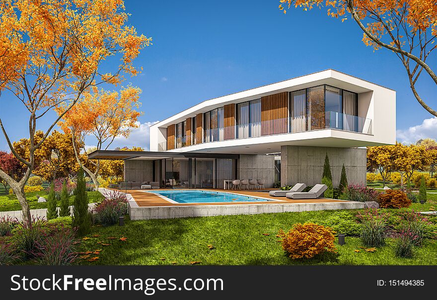 3d Rendering Of Modern House On The Hill With Pool In Autumn