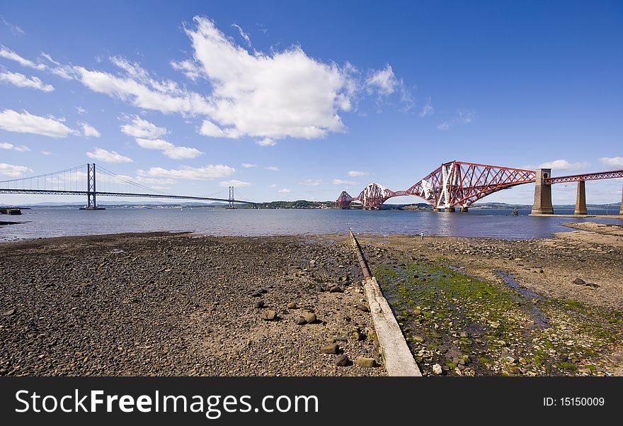 A wide angled shot of the Forth Rail and road bridges. A wide angled shot of the Forth Rail and road bridges.