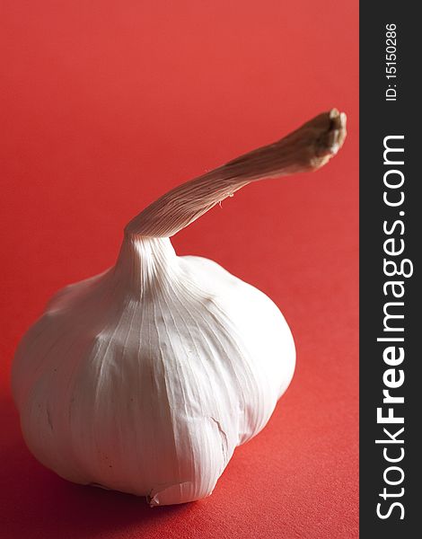 A whole garlic clove on red background