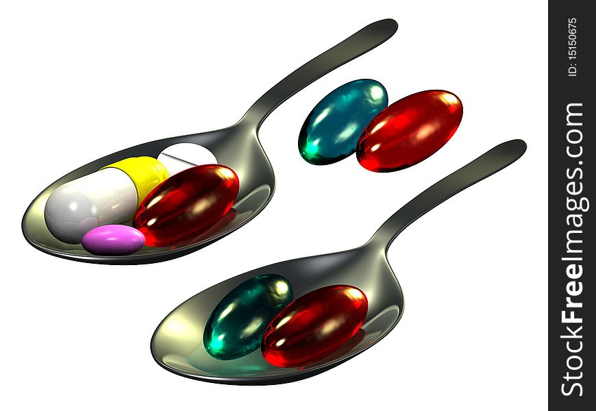 Pills on spoon, white background