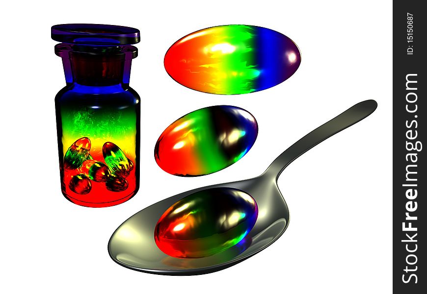 Rainbow pill on spoon, white background