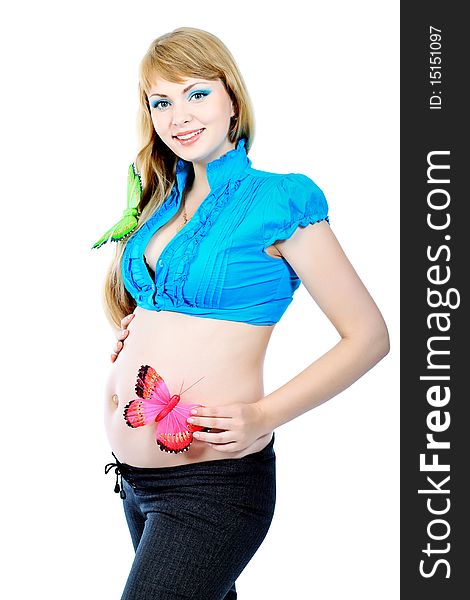 Portrait of pregnant woman with flower. Isolated over white background.