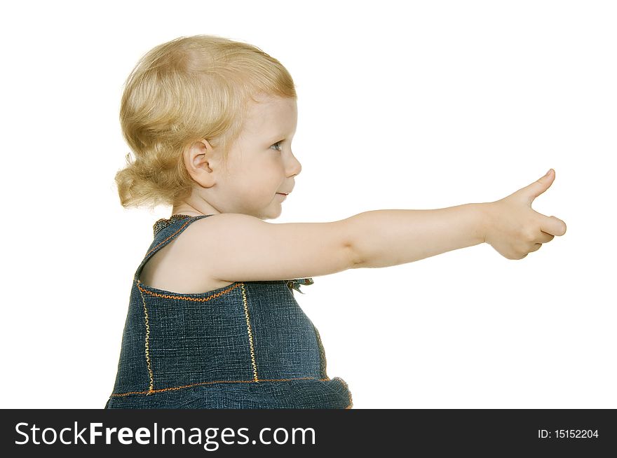 Small child with extended by hand insulated on white background