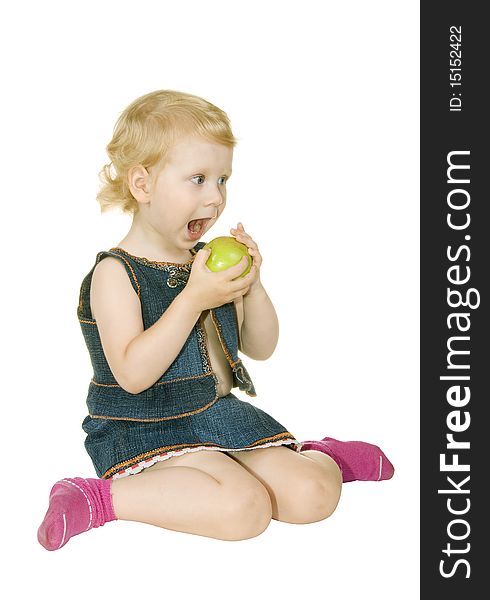 Girl with apple on a white background