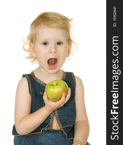 Small girl with apple on white background