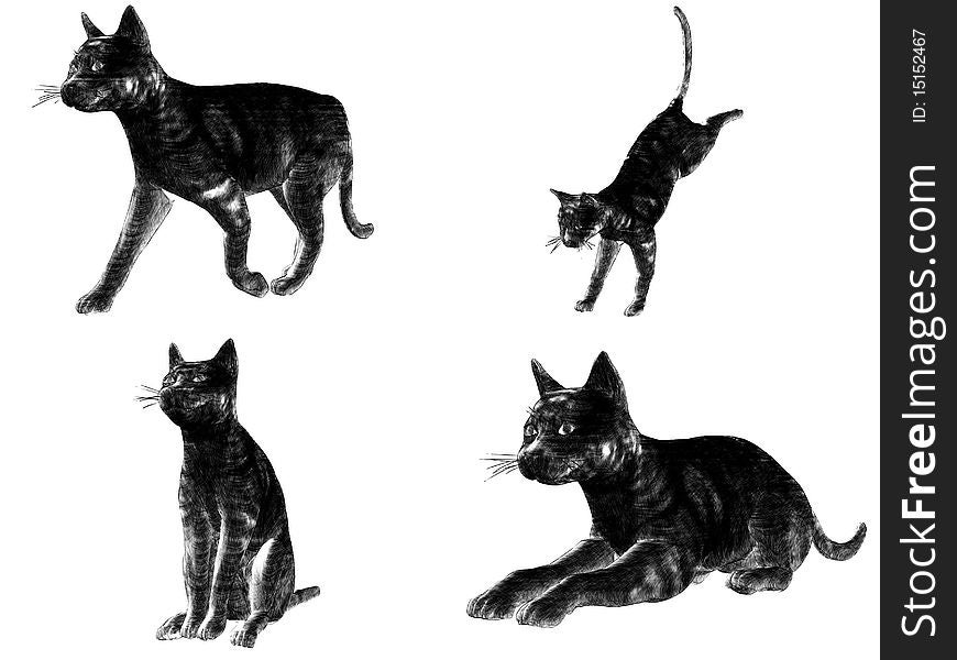 A 3d sketch rendering of a cat in four different poses. A 3d sketch rendering of a cat in four different poses.