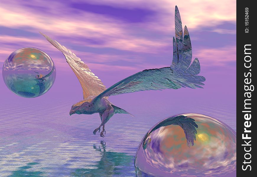 A 3d rendering of a metal eagle in flight just above the surface of the water.