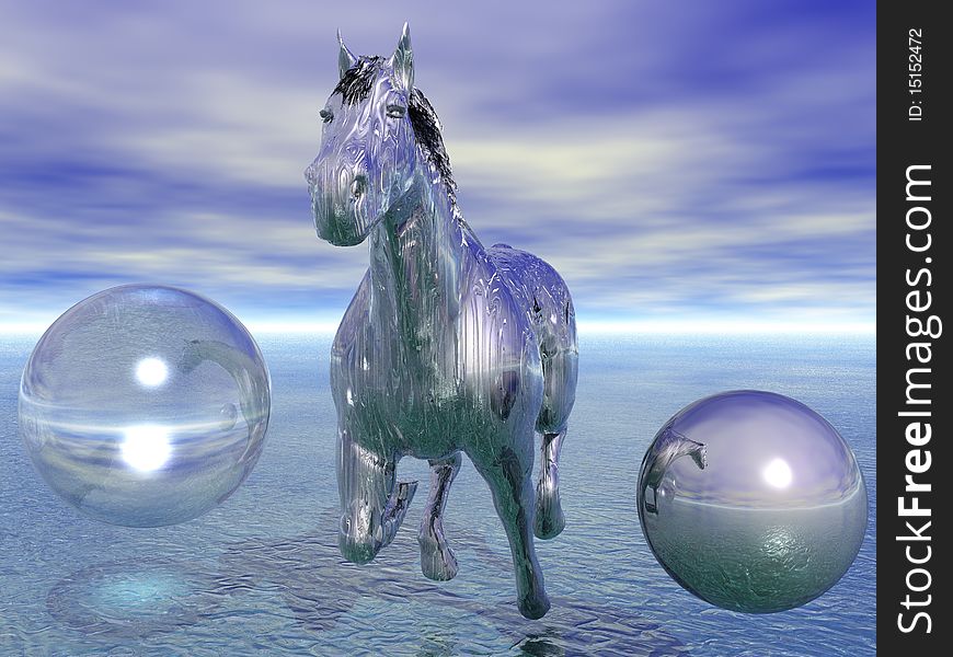 A 3d render of a metal horse running on water.