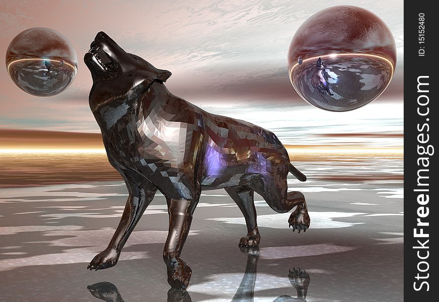 A 3d render of a metal wolf howling.