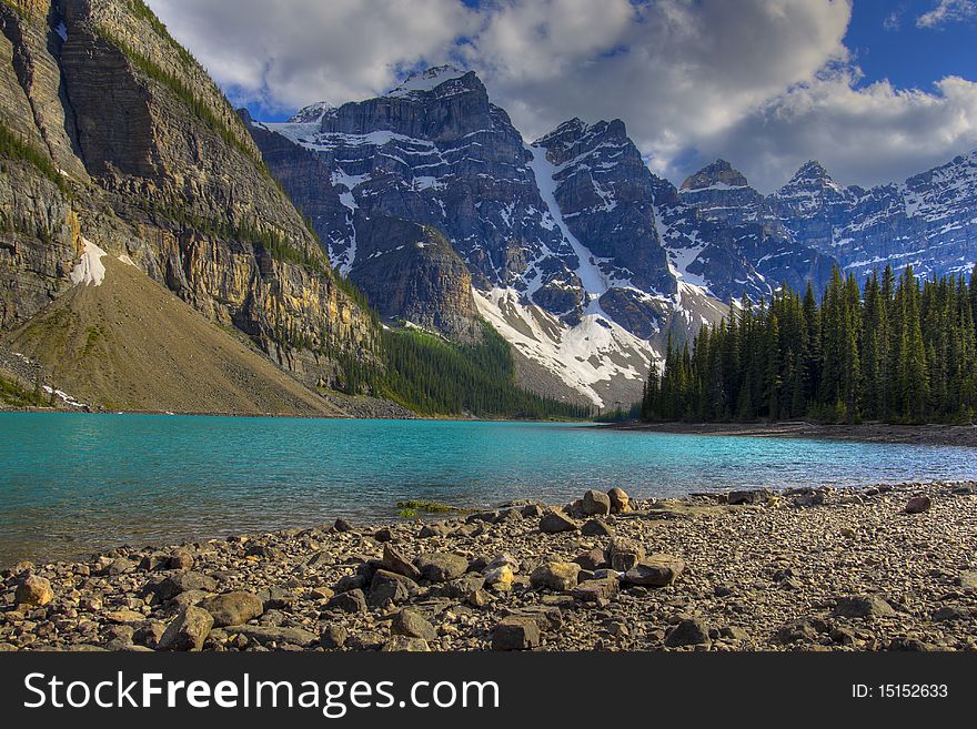 HDR Rocky mountain peaks and moraine lake, Banff National Park, Alberta, Canada. HDR Rocky mountain peaks and moraine lake, Banff National Park, Alberta, Canada