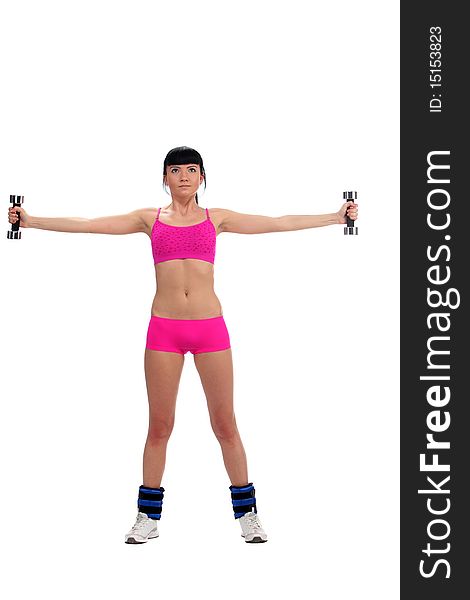 Girl doing exercises with dumbbell. Girl doing exercises with dumbbell