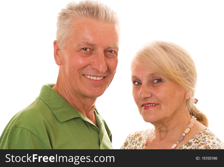 Happy elderly couple together on a white background