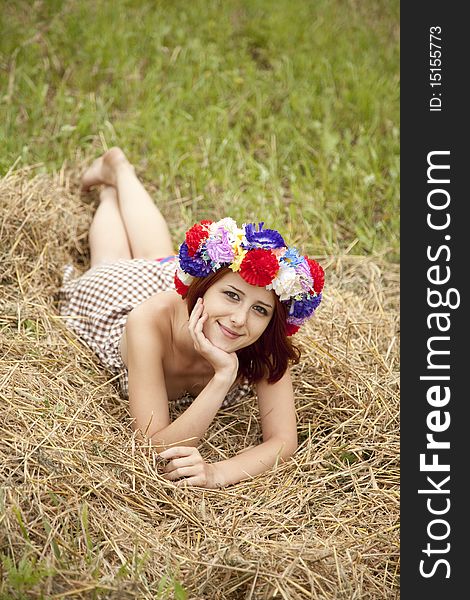 Girl In Slav National Wreath Lying At Field.