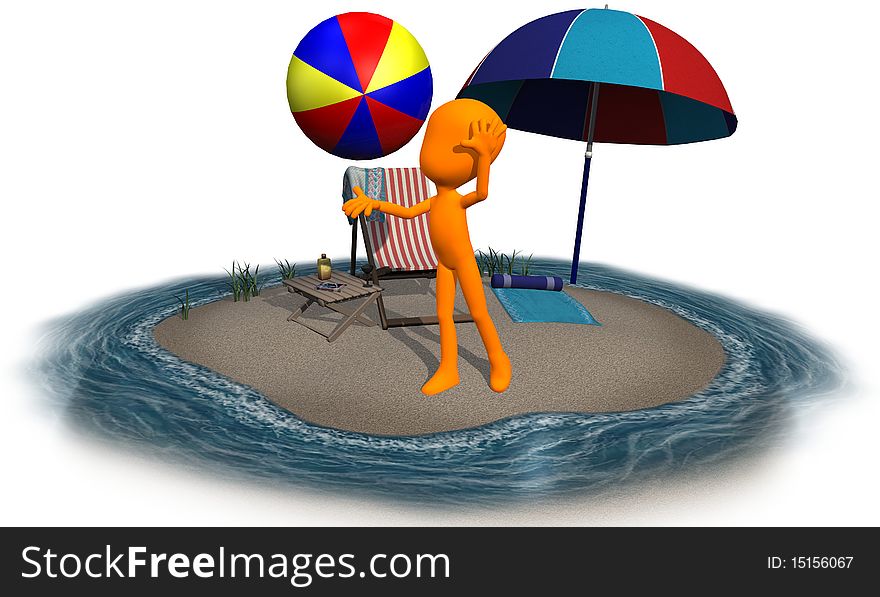 3d orange character on the beach playing with the ball. 3d orange character on the beach playing with the ball
