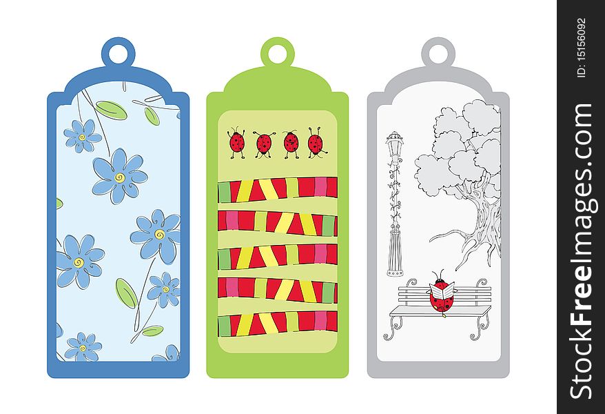 Three cute bookmarks with flowers and ladybugs. Three cute bookmarks with flowers and ladybugs