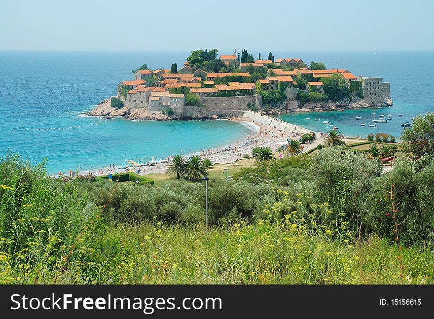 Sveti Stefan peninsula, Montenegro coastline in sunshine