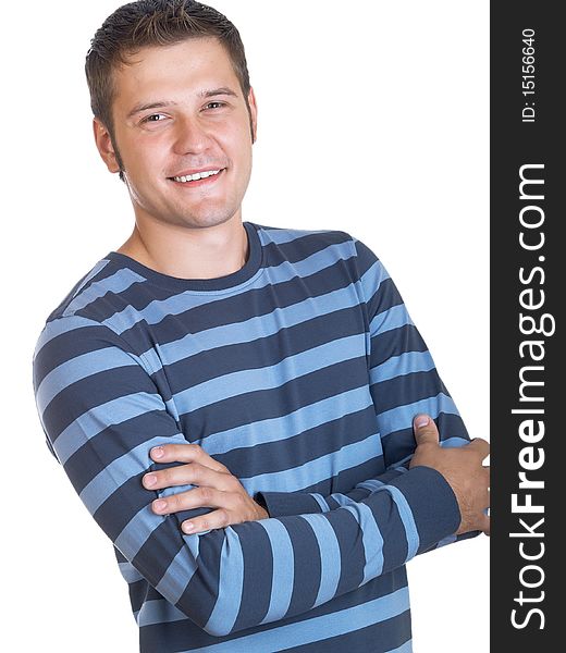 Portrait of young man with hands folded isolated on white background