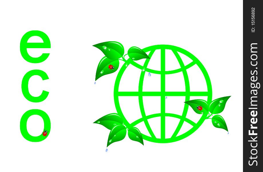 Green ecology concept, globe with leaves and ladybugs. Vector.