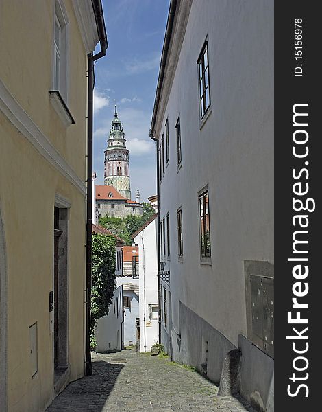 Narrow street in the middle of a city called cesky krumlov. Narrow street in the middle of a city called cesky krumlov