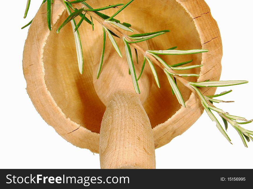 Mortar and pestle with rosemary