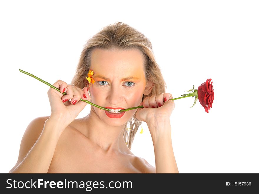 Young woman bites flower stalk isolated in white