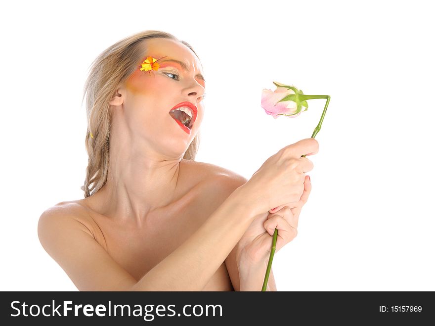 Young woman with flower sings isolated in white