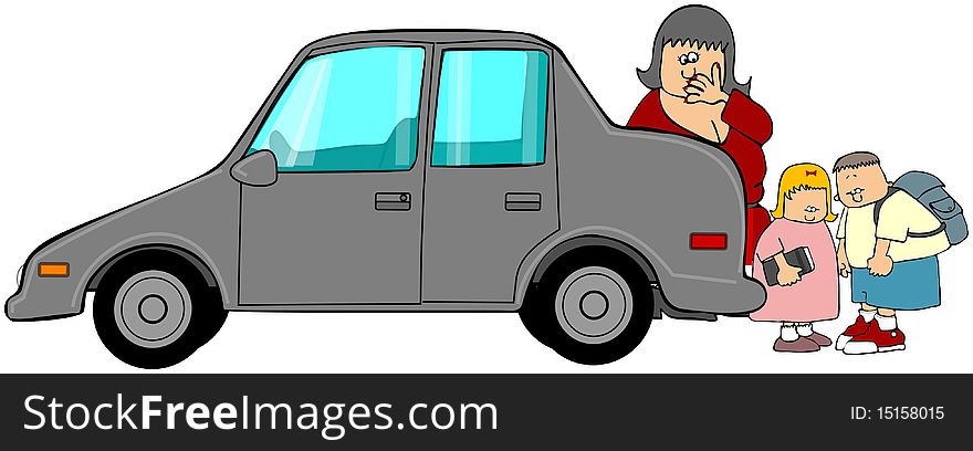 This illustration depicts a surprised woman checking behind her car and finding two small children.