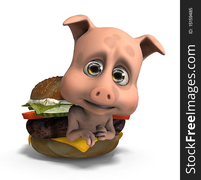 Cute And Funny Toon Pig Served In A Burger As A