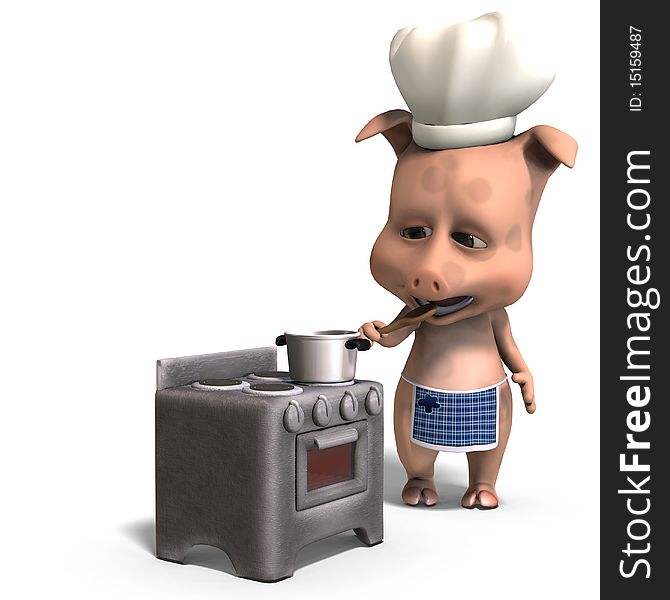 The cook is a cute toon pig. 3D rendering with clipping path and shadow over white