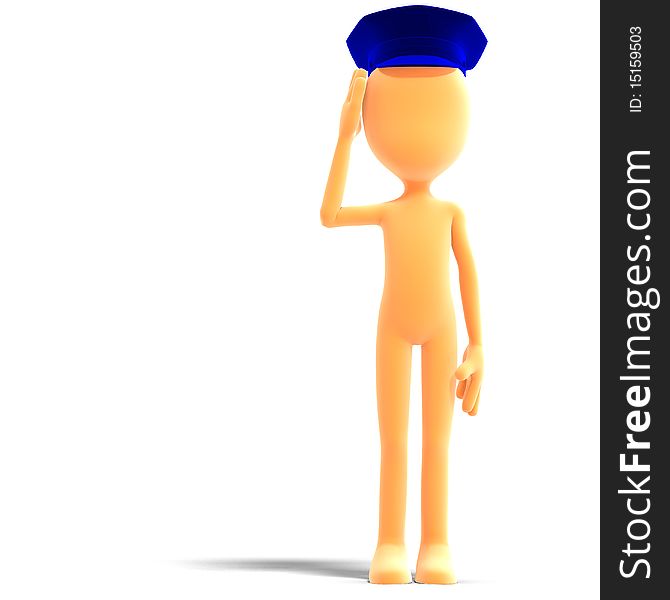 Symbolic 3d male toon character with police hat. 3D rendering with clipping path and shadow over white