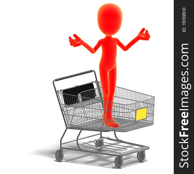 Symbolic 3d male toon character goes shopping. 3D rendering with clipping path and shadow over white