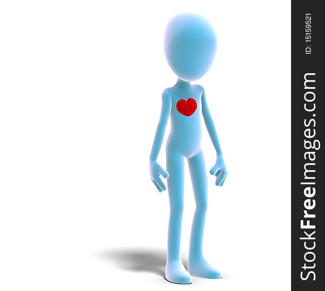 Symbolic 3d male toon character has a heart. 3D rendering with clipping path and shadow over white