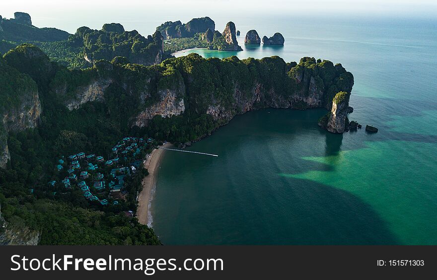 Aerial view landscape of Mountain and Beach or seaside  in Krabi Thailand .