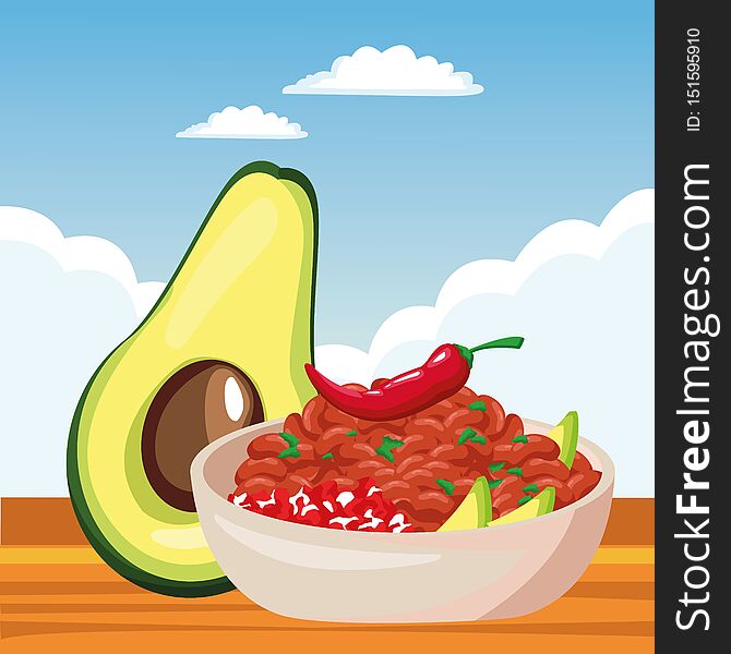 Mexican traditional culture with avocado, bowl of beans and chili pepper icon cartoon over the sand with cloudy sky in a desert landscape vector illustration graphic design. Mexican traditional culture with avocado, bowl of beans and chili pepper icon cartoon over the sand with cloudy sky in a desert landscape vector illustration graphic design