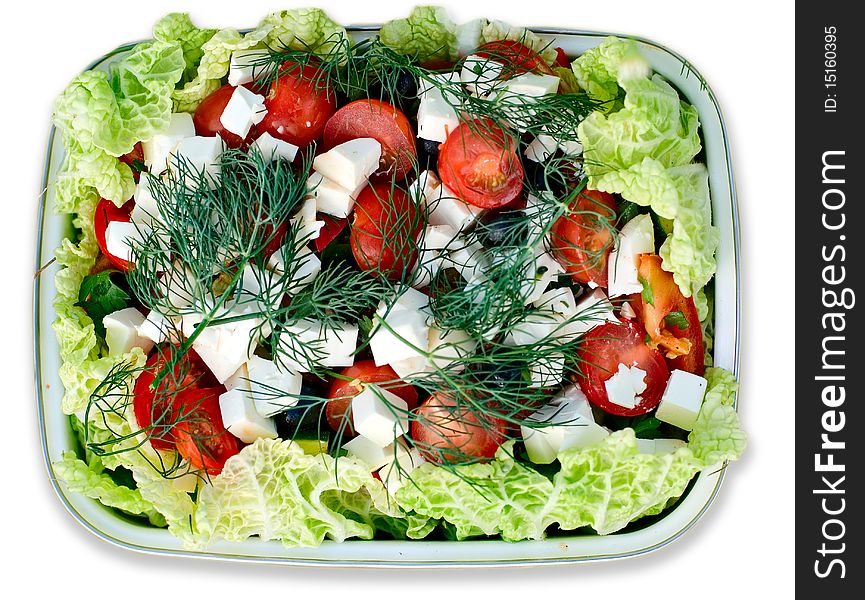 Dish with fresh vegetables, red tomato whith fennel and brynza at white background