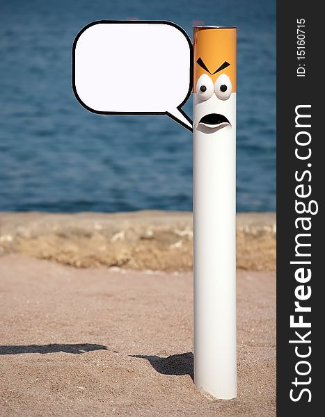 Keep the beach clean - angry cigarette shaped ashtray at the beach, with sign for your own text. Keep the beach clean - angry cigarette shaped ashtray at the beach, with sign for your own text