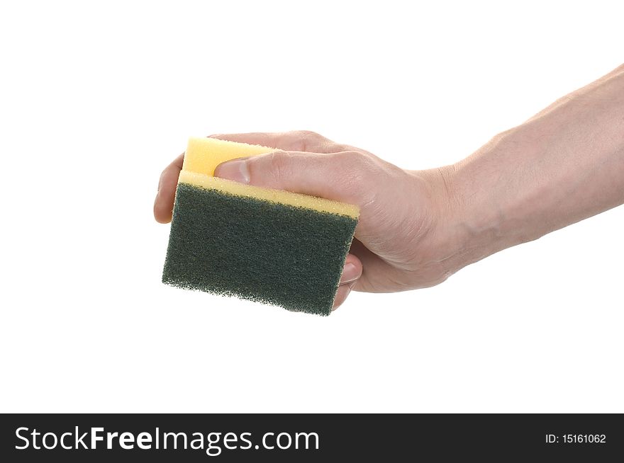 Household sponge in a hand on a white background