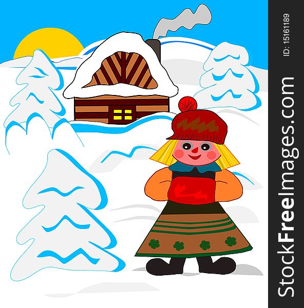 Little  girl outside her house, winter scenery. Little  girl outside her house, winter scenery