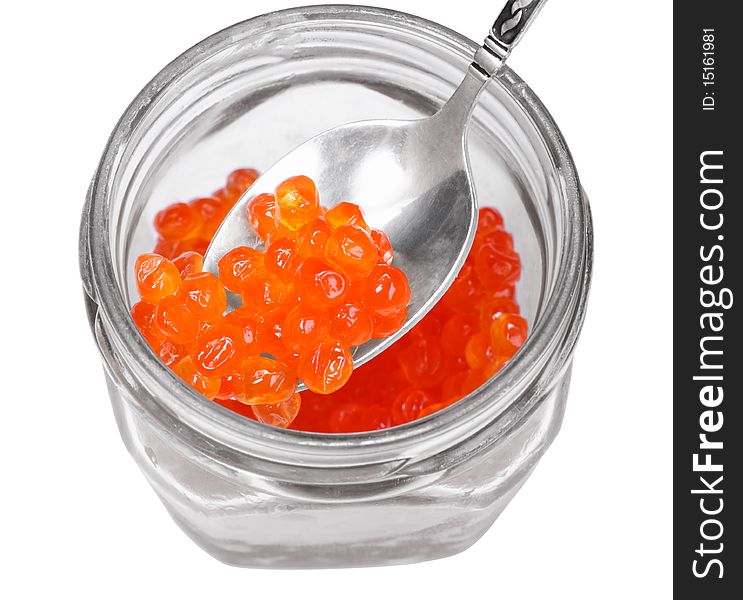 Red caviar on a silver spoon. Colorkey. Isolated on white. Red caviar on a silver spoon. Colorkey. Isolated on white.