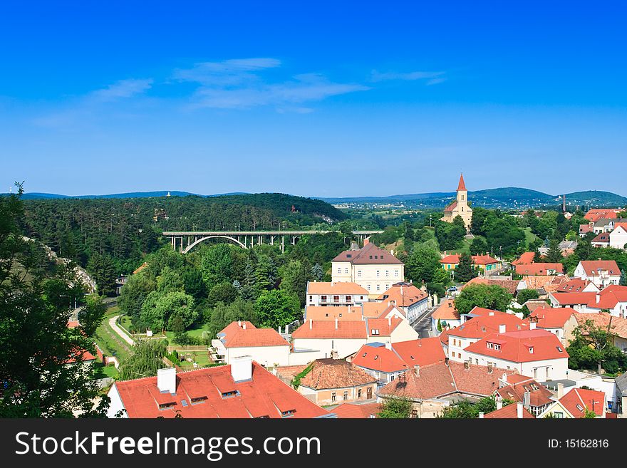 Landscape with a lot of red roof and forest in Veszpr�m
