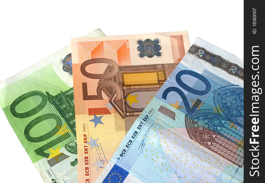 Euro banknotes on a white background