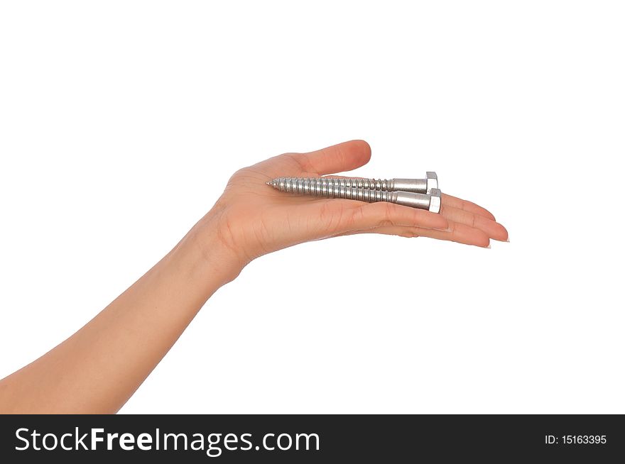 Woman holding two big bolts in the hand. Woman holding two big bolts in the hand