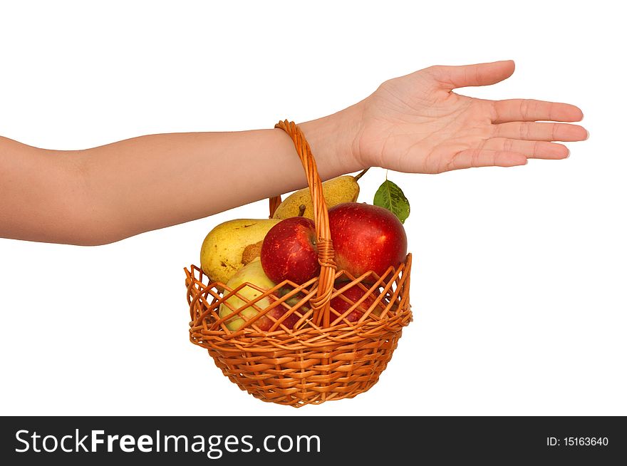 Basket with yellow pears and red apples in the hand. Basket with yellow pears and red apples in the hand