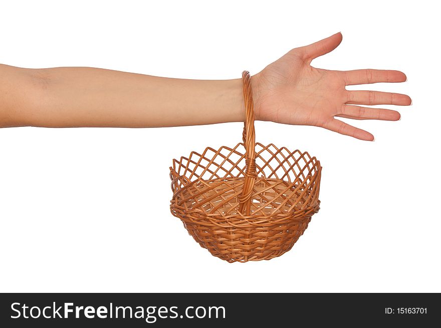 One brown basket for fruit on woman's hand