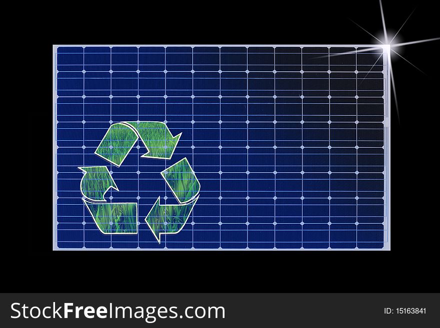 Solar panel with sun reflection isolated on white with recycle sign on it. Solar panel with sun reflection isolated on white with recycle sign on it